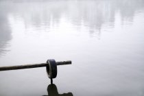 Резиновая шина над спокойным озером — стоковое фото