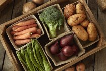 Stillleben frisch, biologisch, gesunde Gemüseerntevielfalt in Holzkiste — Stockfoto