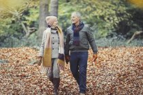 Senior couple walking in autumn leaves in park — Stock Photo