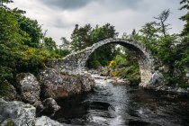 Passarela arqueada sobre riacho tranquilo, Carrbridge, Escócia — Fotografia de Stock