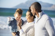 Счастливая семья дает высокую пятерку на пляже — стоковое фото