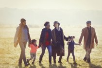 Multi-geração família de mãos dadas andando na grama ensolarada outono — Fotografia de Stock