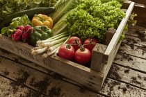 Still life fresh, organic, healthy vegetable harvest variety in wood crate — Stock Photo