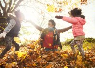 Madre juguetona e hijas lanzando hojas de otoño en el parque soleado - foto de stock