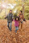 Молода сім'я тримає руки, ходячи в осінньому лісі — стокове фото