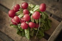 Still life close up fresh, organic, healthy, red radishes in rustic wood crate — Stock Photo