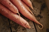 Bodegón de cerca zanahorias frescas, orgánicas, saludables, rústicas y sucias - foto de stock