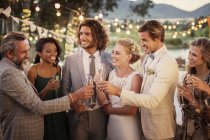 Young couple and their guests with champagne flutes during wedding reception in garden — Stock Photo