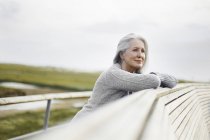 Спокойная пожилая женщина, опирающаяся на выступы на набережной — стоковое фото