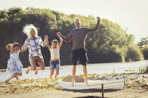 Famiglia esuberante che salta sul molo soleggiato del lago — Foto stock