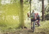 Family mountain biking on trail in woods — Stock Photo