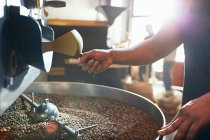 Torrador de café masculino torrefação de grãos de café — Fotografia de Stock