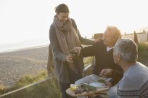 Зрелые друзья пьют вино и наслаждаются барбекю на пляже на закате — стоковое фото