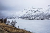 Montañas cubiertas de nieve y fiordo, Austpollen, Hinnoya, Noruega - foto de stock