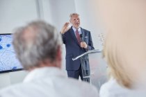 Administrator businessman leading conference in hospital — Stock Photo