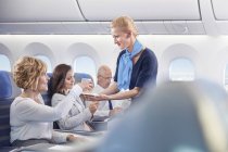 Assistente de bordo que serve bebida a mulher no avião — Fotografia de Stock