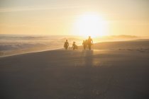 Família silhueta caminhando na ensolarada praia de verão ao pôr do sol — Fotografia de Stock