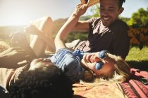 Грайливі молоді друзі сміються, розслабляючись на пікніку ковдру в сонячному літньому парку — стокове фото
