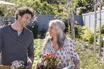 Joyeux couple portant des fleurs en pot, jardinage dans un jardin ensoleillé — Photo de stock