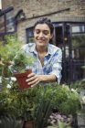 Молода жінка садівництва, тримає горщики рослина на патіо — стокове фото