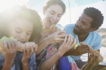 Familia multiétnica comiendo sándwiches de baguette en la playa soleada - foto de stock