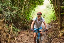 Maduro homem montanha ciclismo no trilho no madeiras — Fotografia de Stock