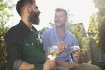 Усміхнений чоловік гей-пара п'є біле вино в сонячному саду — стокове фото