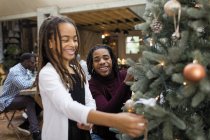 Hermano y hermana decorando el árbol de Navidad - foto de stock