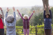 Confident, energetic active seniors practicing yoga in park — Stock Photo