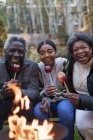 Retrato sorridente, avós felizes e neta desfrutando de maçãs doces na fogueira — Fotografia de Stock