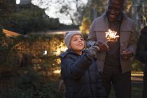 Petit-fils et grand-père souriants jouant avec des feux d'artifice — Photo de stock