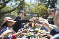 Glückliche Senioren stoßen an sonniger Gartenparty-Tafel auf Weingläser an — Stockfoto