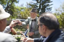 Hombre mayor en traje y pajarita brindando amigos con vino en la soleada fiesta en el jardín - foto de stock