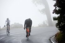 Присвячені чоловіки-велосипедисти на дощовій дорозі — стокове фото