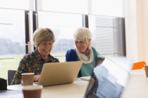 Las mujeres de negocios mayores utilizando ordenador portátil en la reunión - foto de stock