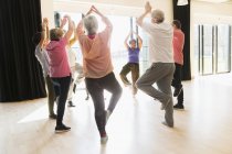 Anziani attivi che esercitano, pratica yoga tree posa in cerchio — Foto stock