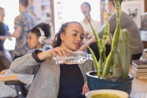 Geschäftsfrau gießt Kakteenpflanze im Büro mit Flaschenwasser — Stockfoto