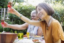 Feliz activo senior mujeres tostando vino rosa en fiesta de jardín - foto de stock