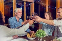 Amici che festeggiano, bevono vino rosso e cenano in cabina — Foto stock