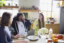 Junge College-Student Mitbewohner Freunde am Frühstückstisch studieren — Stockfoto