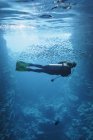 Jovem mulher mergulho subaquático entre a escola de peixes, Vava 'u, Tonga, Oceano Pacífico — Fotografia de Stock
