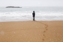 Хлопчик-підліток стоїть на сніжному зимовому океані пляжі — стокове фото