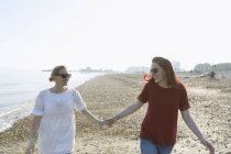 Ласкава лесбіянка пара тримає руки на сонячному пляжі — стокове фото