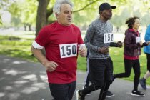 Активний старший чоловік біжить спортивною гонкою в парку — стокове фото