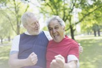 Exuberant active senior men friends cheering in park — Stock Photo