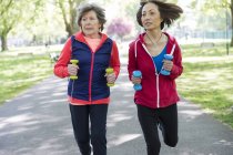 Active senior women friends jogging with hand weights in park — Stock Photo