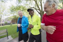 Active senior men friends power walking in park — Stock Photo