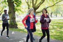 Mujeres mayores activas amigos poder caminar carrera deportiva en el parque - foto de stock