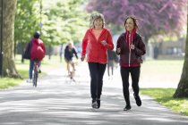 Активні літні жінки друзі бігають в парку — стокове фото