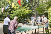 Чоловіки друзі грають у пінг-понг на сонячному задньому дворі — стокове фото